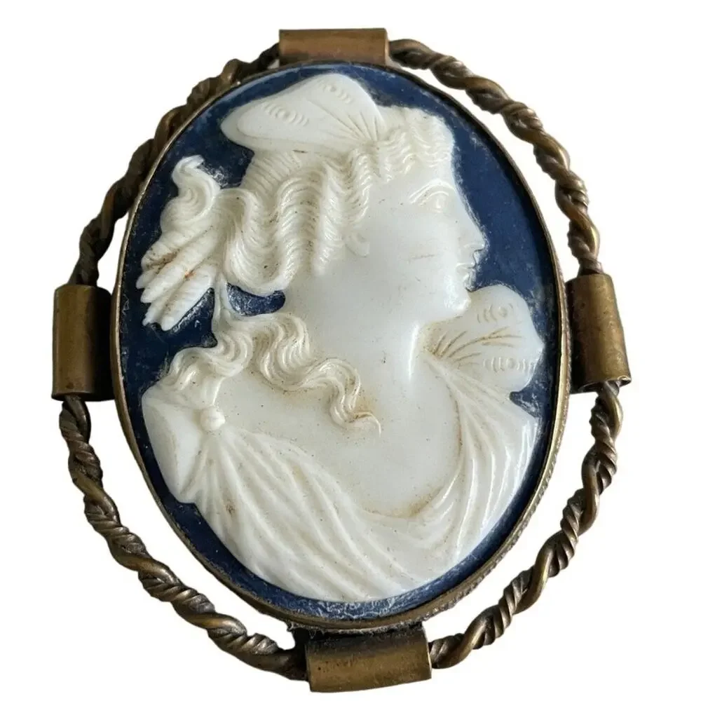 Antique Shell Carved Cameo Brooch of Godess Psyche Blue Background Large